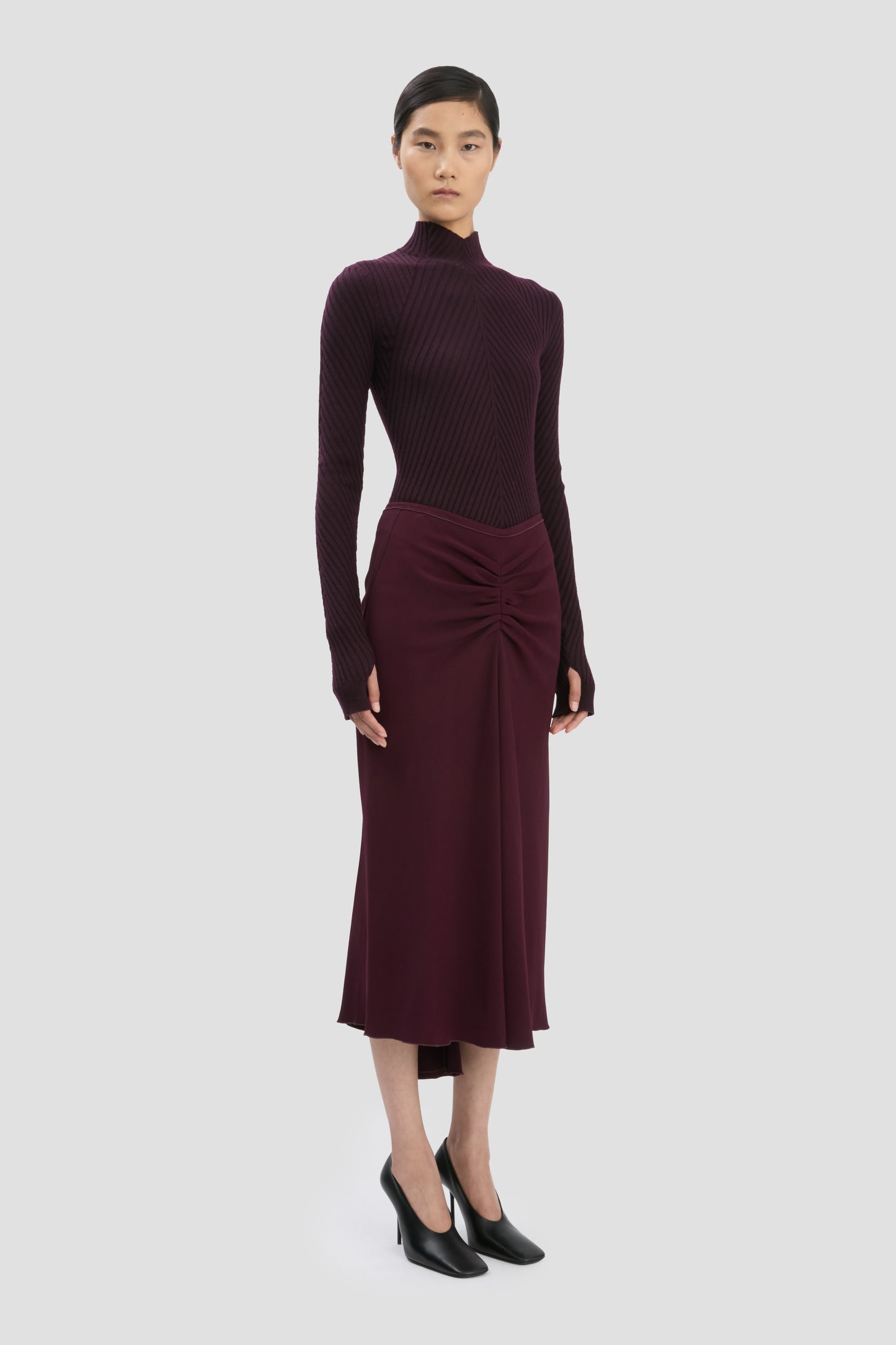 Ribbed Long Sleeve Knit Polo In Merlot