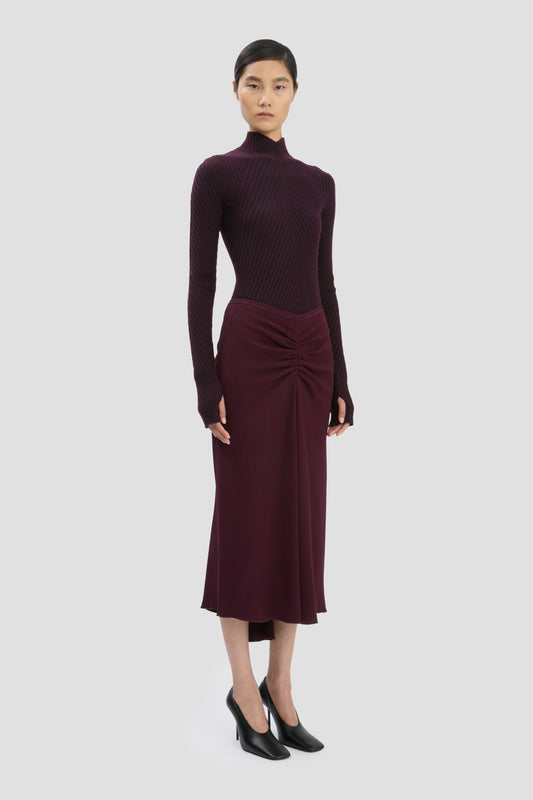 Ribbed Long Sleeve Knit Polo In Merlot