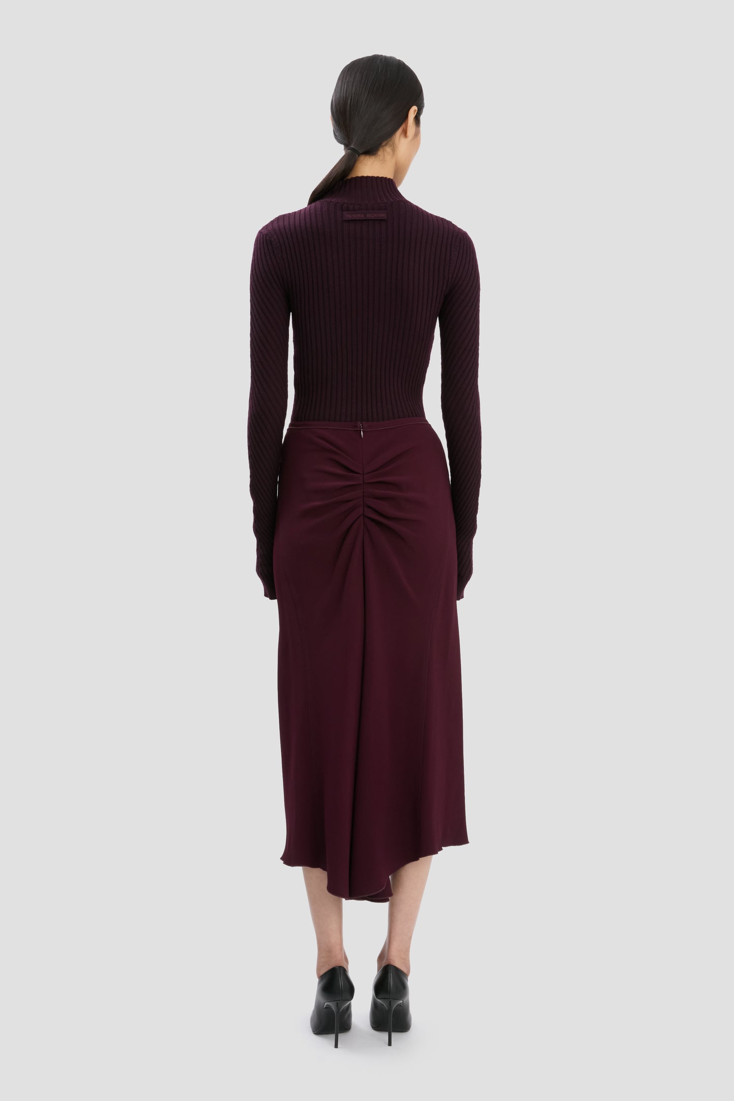 Ribbed Long Sleeve Knit Polo In Merlot