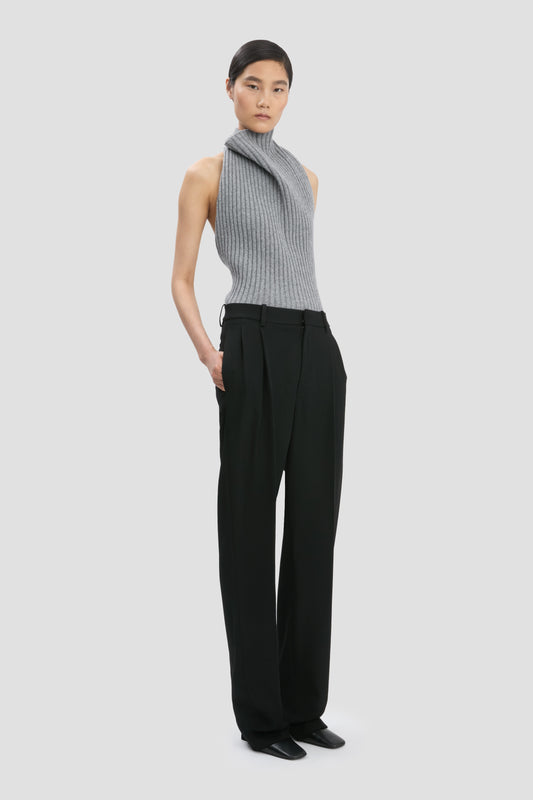 Draped Sleeveless Rib Top In Grey Melange
