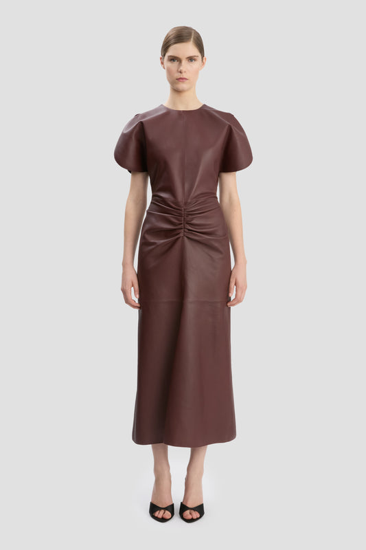 Gathered Waist Midi Dress In Soft Burgundy Leather