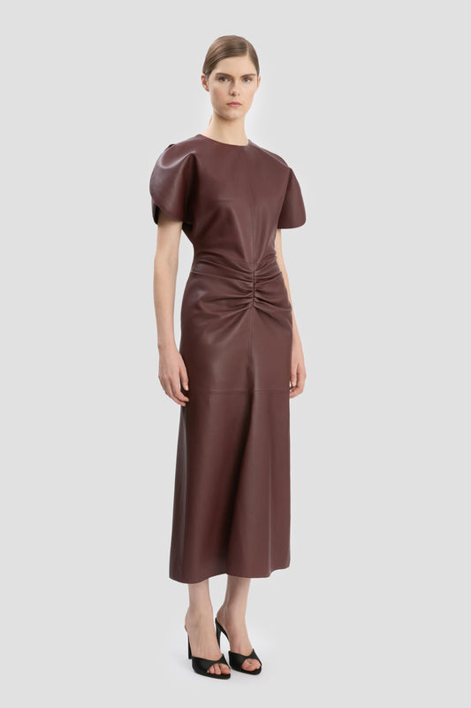 Gathered Waist Midi Dress In Soft Burgundy Leather