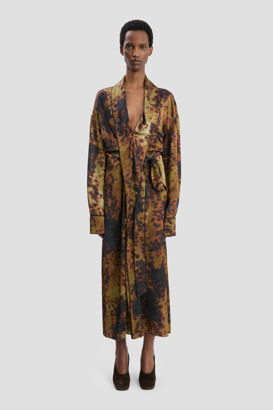 Wrap Detail Midi Dress In Olive Brown Print