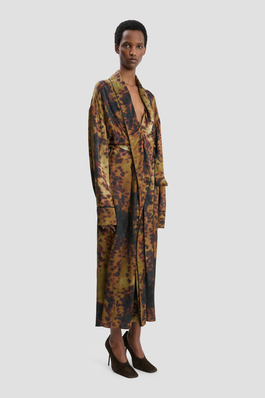 Wrap Detail Midi Dress In Olive Brown Print