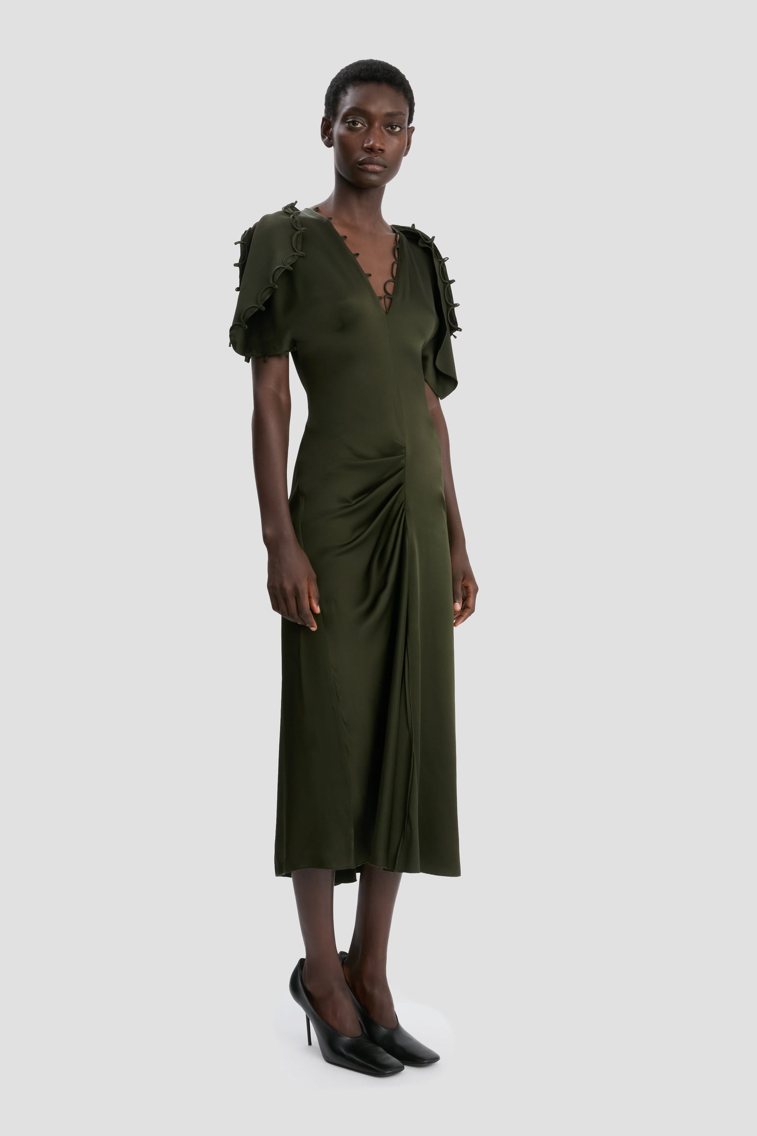 Draped Midi Dress In Dark Olive – Victoria Beckham UK
