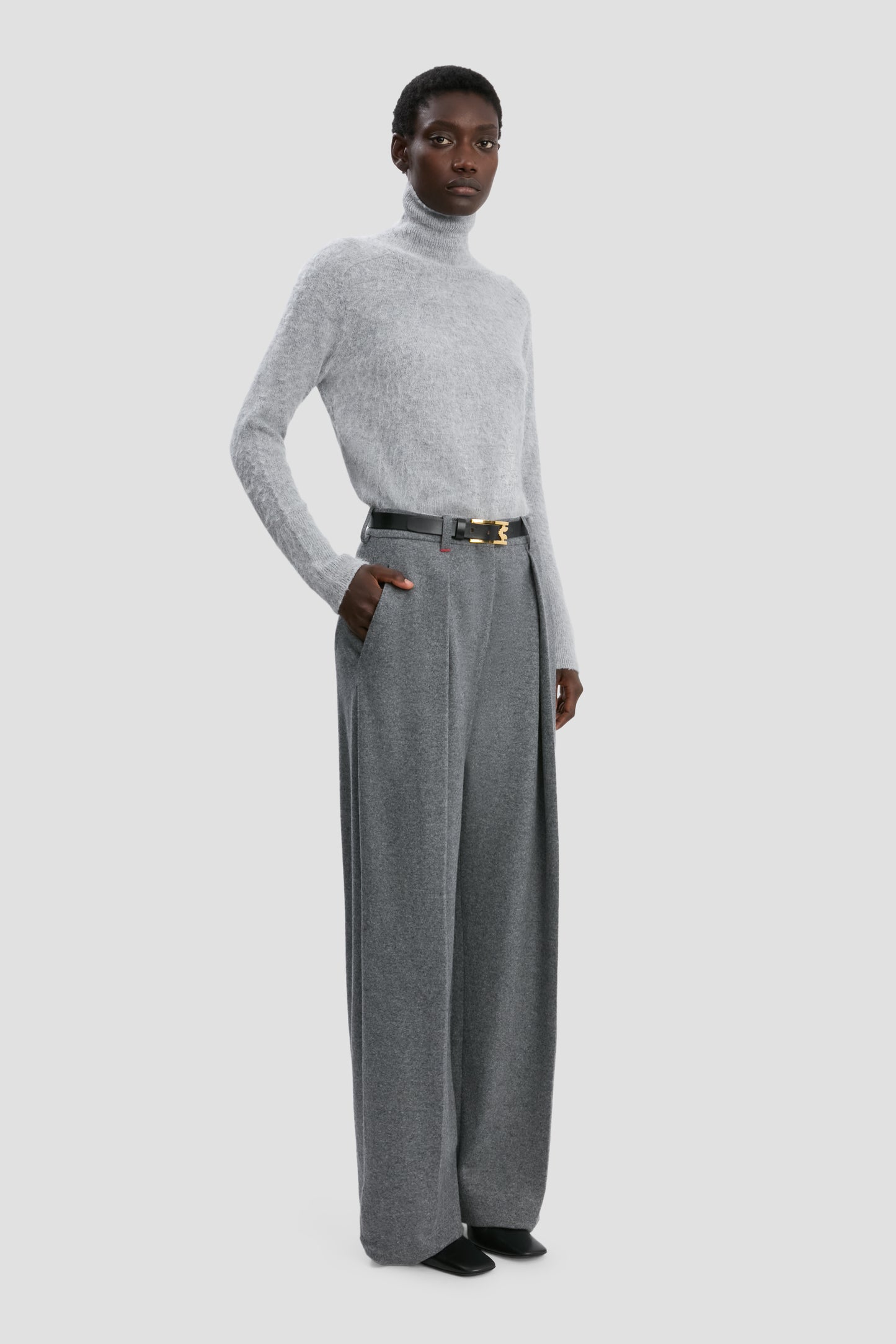 Wide Leg Trouser In Grey Melange – Victoria Beckham UK
