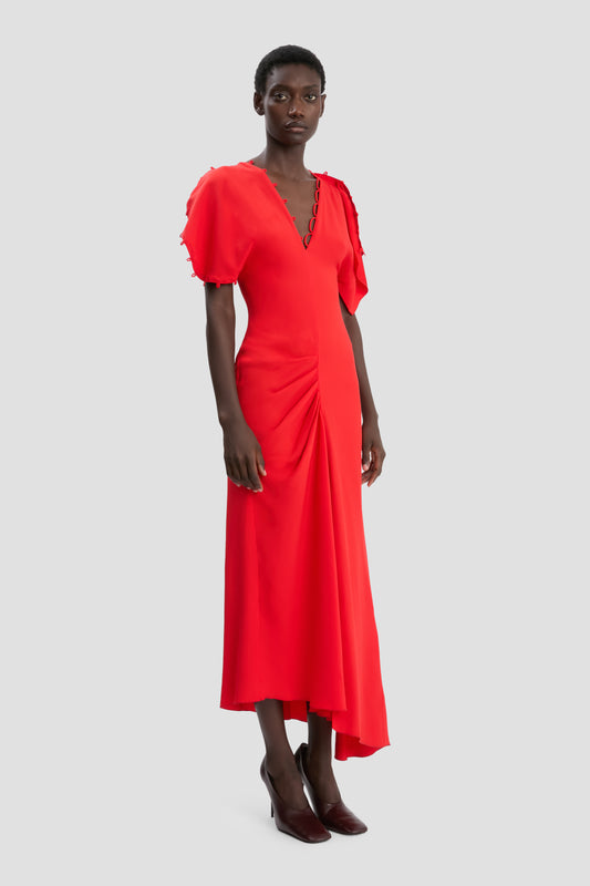 Rouleaux Detail Midi Dress In Cayenne