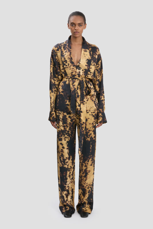 Pyjama Wrap Blouse In Olive Brown Print