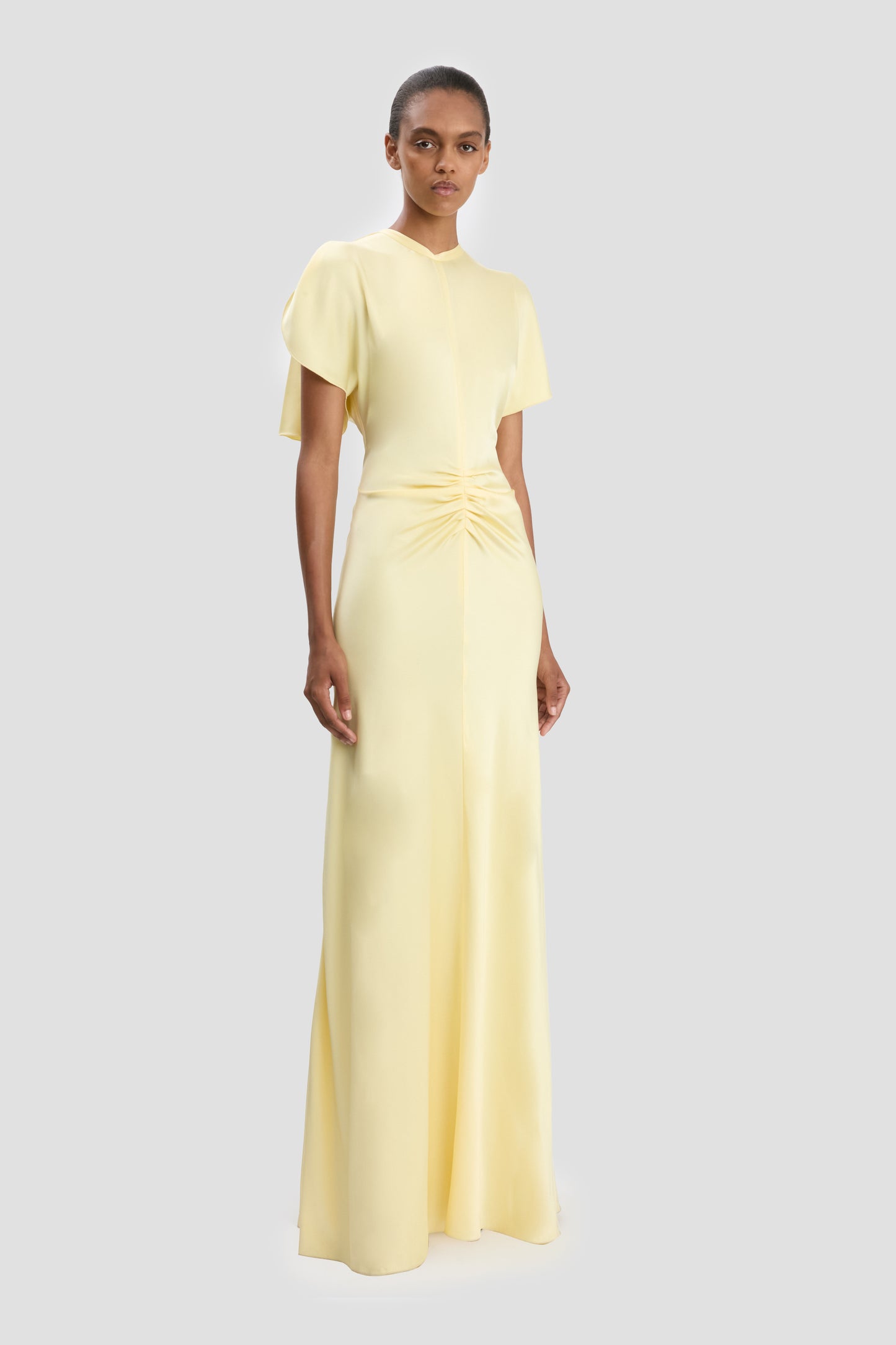 Gathered Waist Floor-Length Dress In Daffodil Yellow