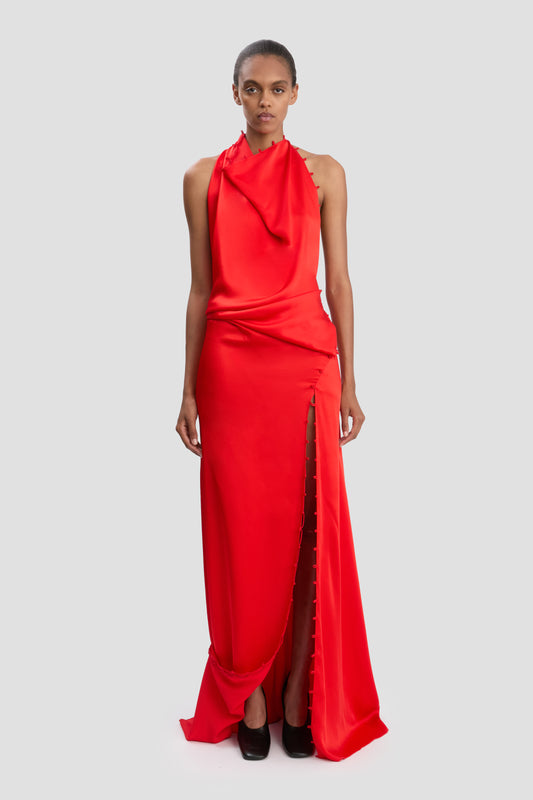 Rouleaux Detail Sleeveless Gown In Cayenne