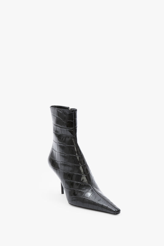 Sloan Stiletto Ankle Boot In Black Croc Embossed Leather
