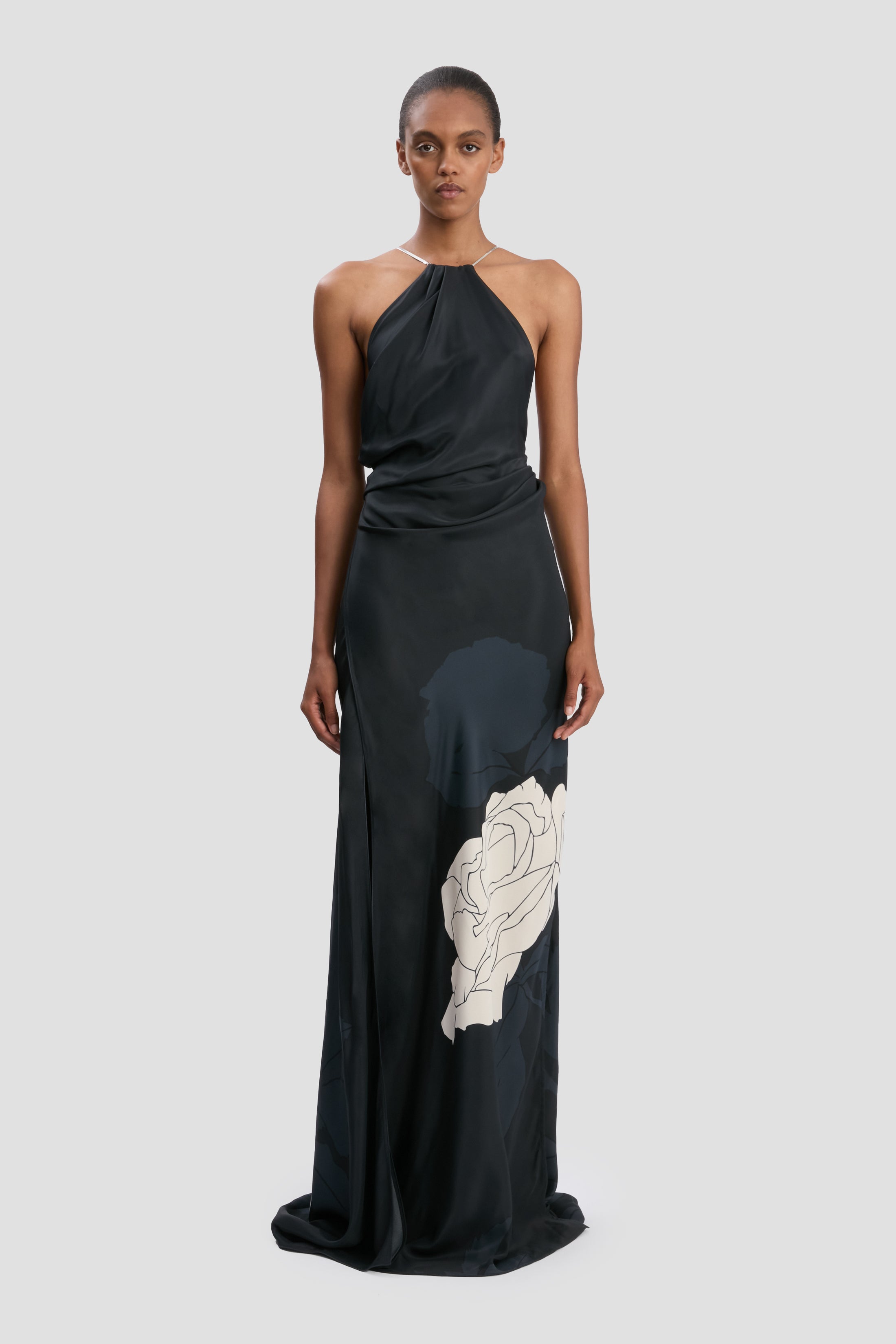 Chain Halter Gown Dark Floral Print