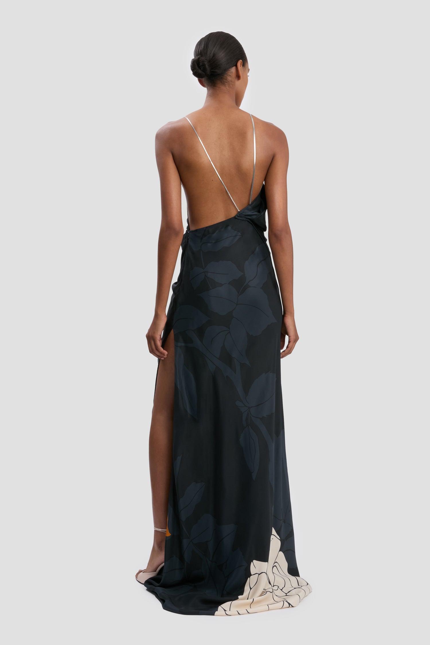 Chain Halter Gown In Dark Navy Floral Print Chain Halter Gown In Dark Navy Floral Print