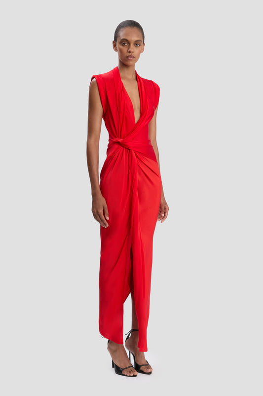 Asymmetric Twist Dress In Cardinal Red