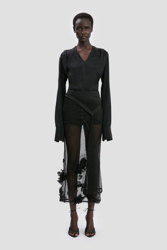 V-Neck Gathered Top In Black