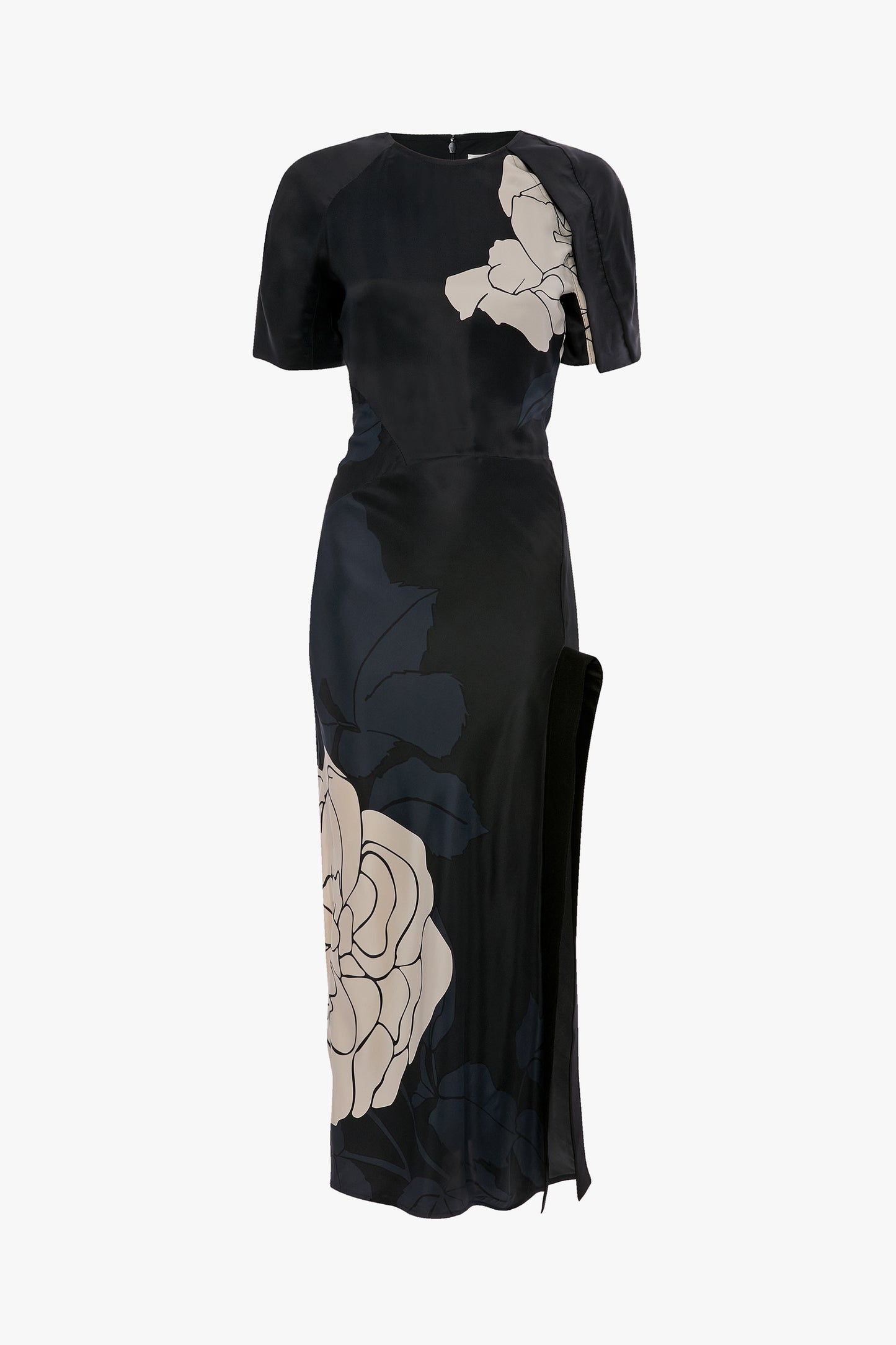 Split Hem Midi Dress In Dark Navy Floral Print