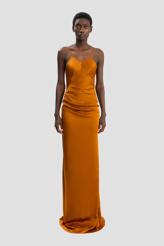 Drape Detail Cami Floor-Length Dress In Bronze