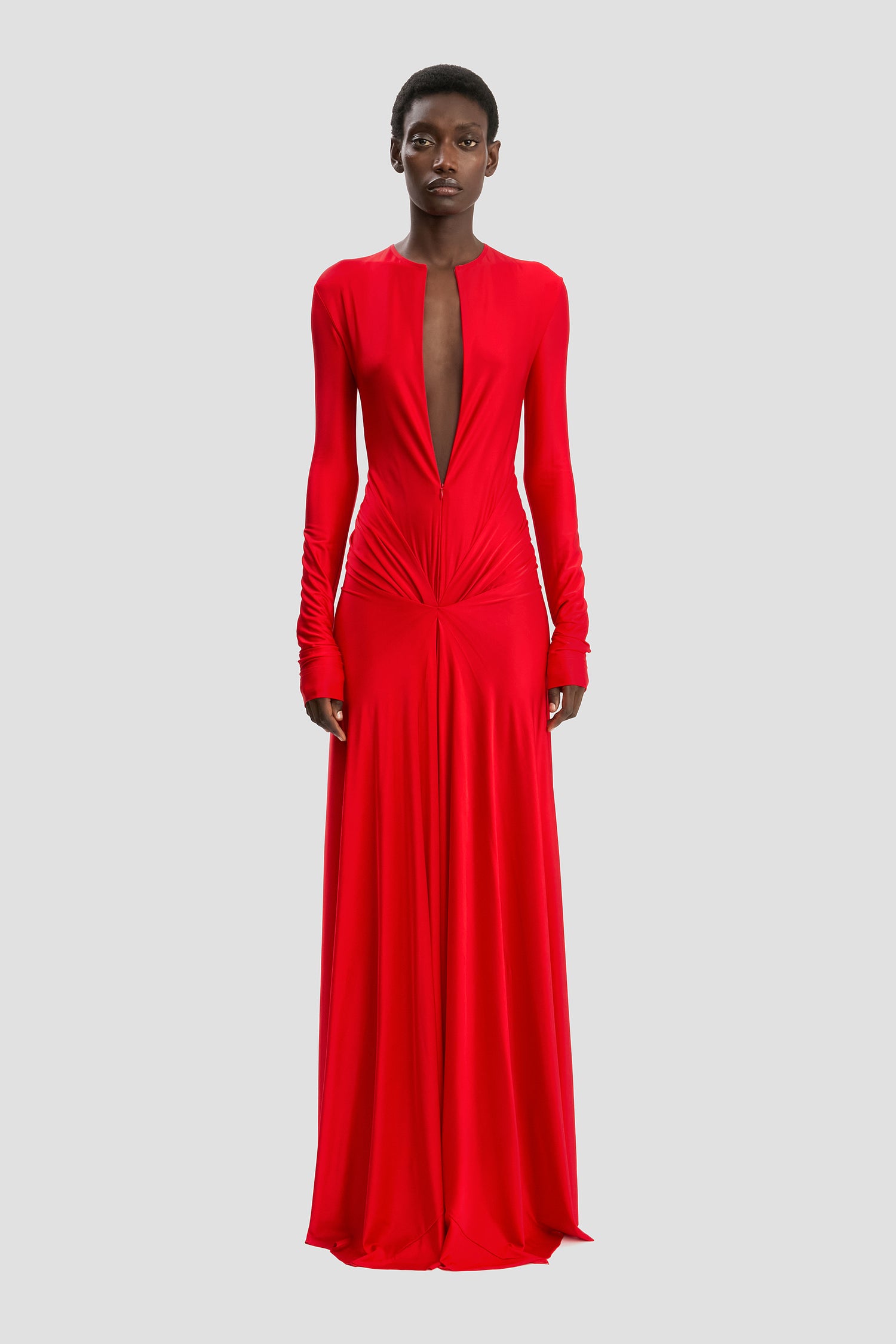 victoria beckham red dress Victoria Beckham Eve Gathered-Waist Satin Midi Dress