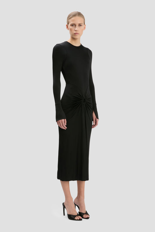victoria beckham black dress Victoria Beckham zip-up Crepe Midi Dress | Black