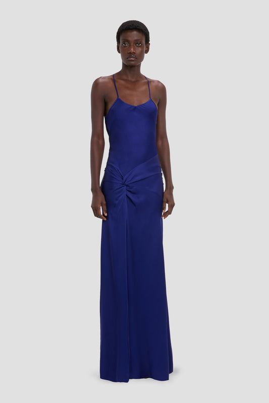 Chain Halter Gown In Dark Navy Floral Print  Victoria Beckham