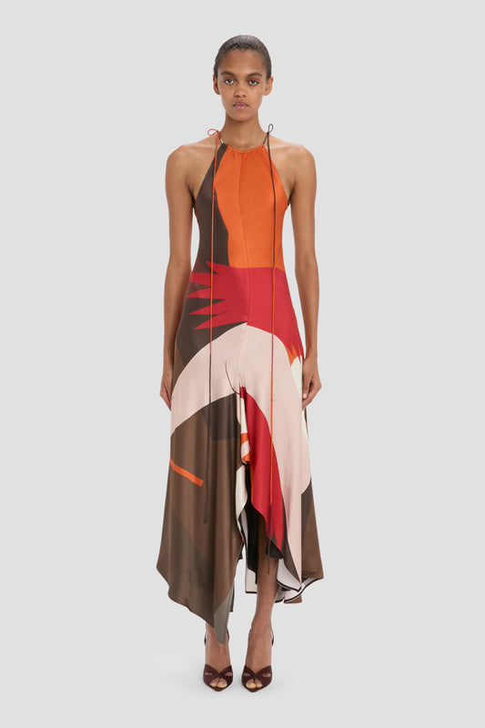 Halter Neck Midi Dress In Abstract Dark Earth