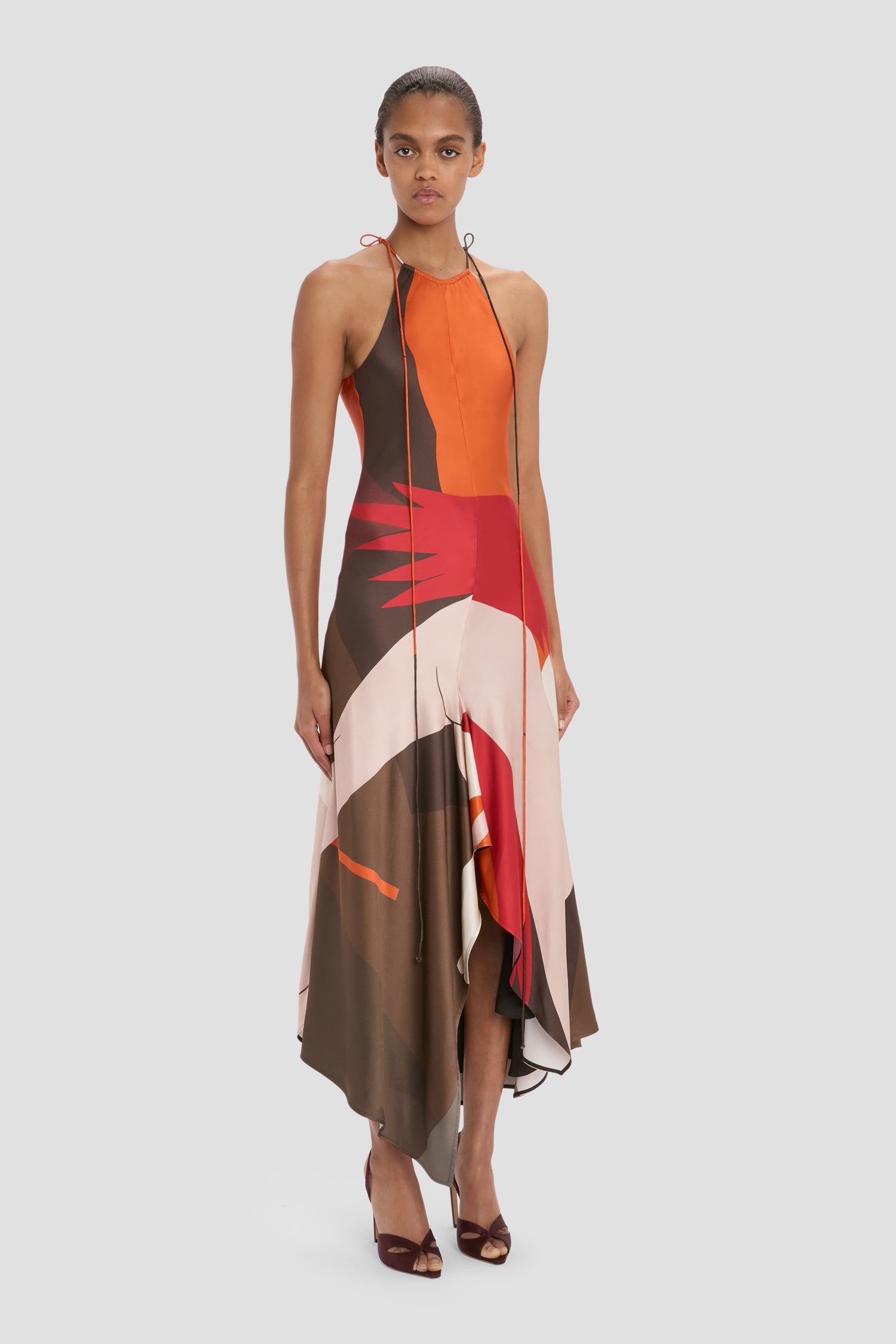 Halter Neck Midi Dress In Abstract Dark Earth – Victoria Beckham Halter Neck Midi Dress In Abstract Dark Earth – Victoria Beckham