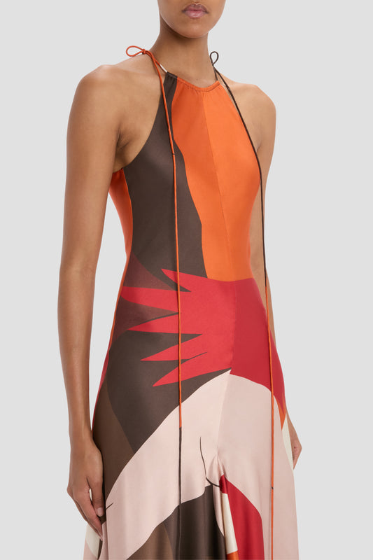 Halter Neck Midi Dress In Abstract Dark Earth – Victoria Beckham