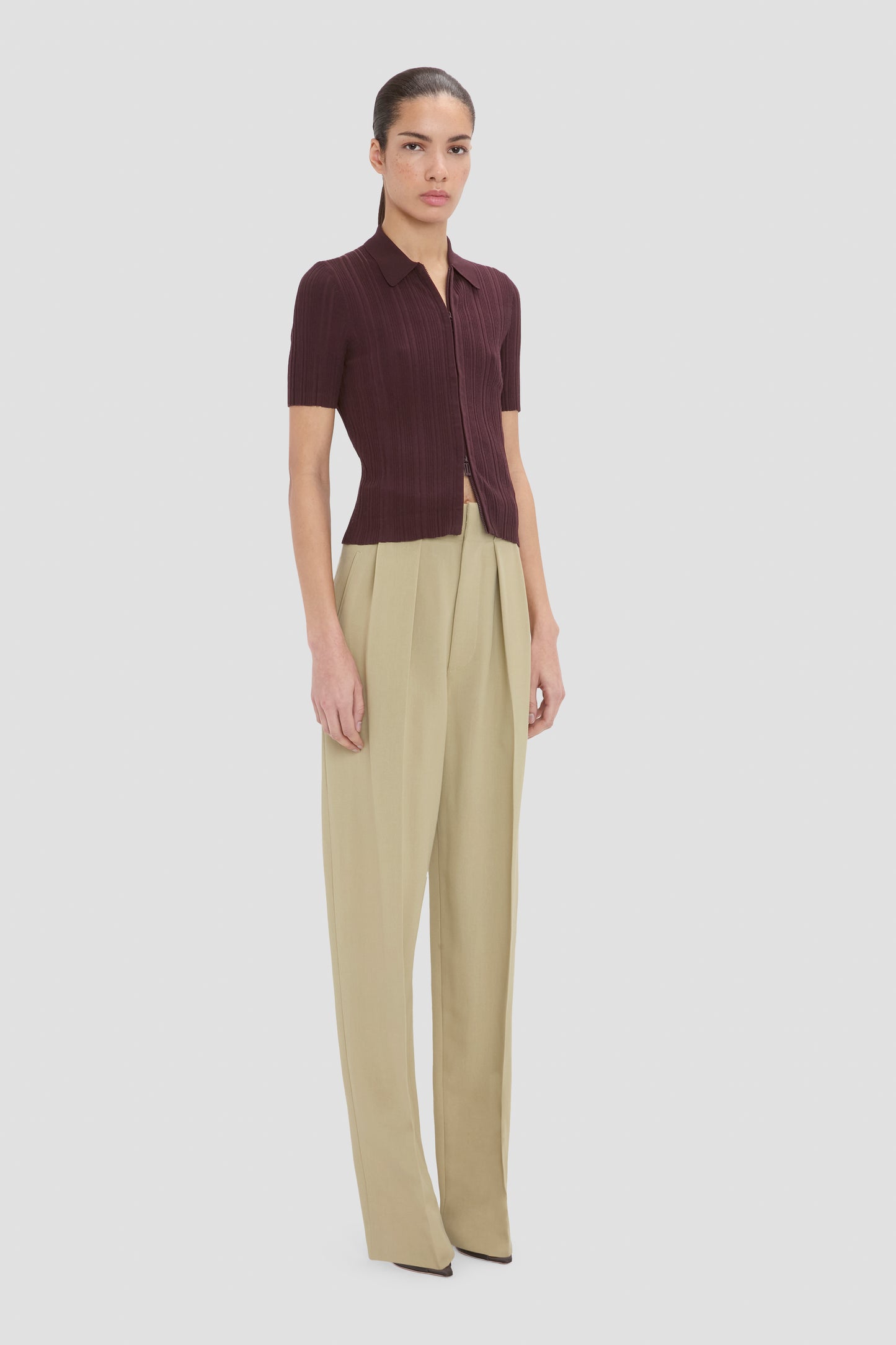 Ribbed Polo Top In Acai