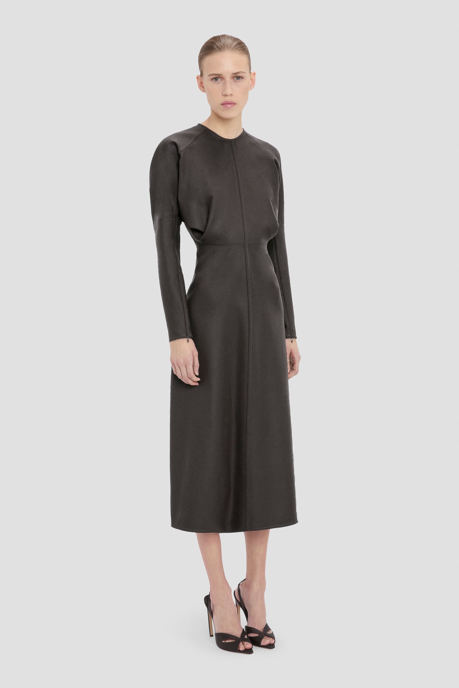 victoria beckham dress grey Kyra Draped Crpe Satin Midi Dress