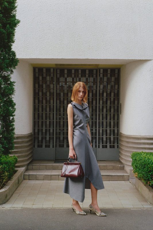 Draped Tailored Midi Dress In Light Grey Melange