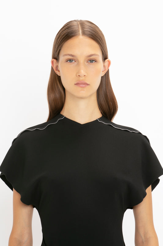 Short Sleeve Tie Detail Dress In Black
