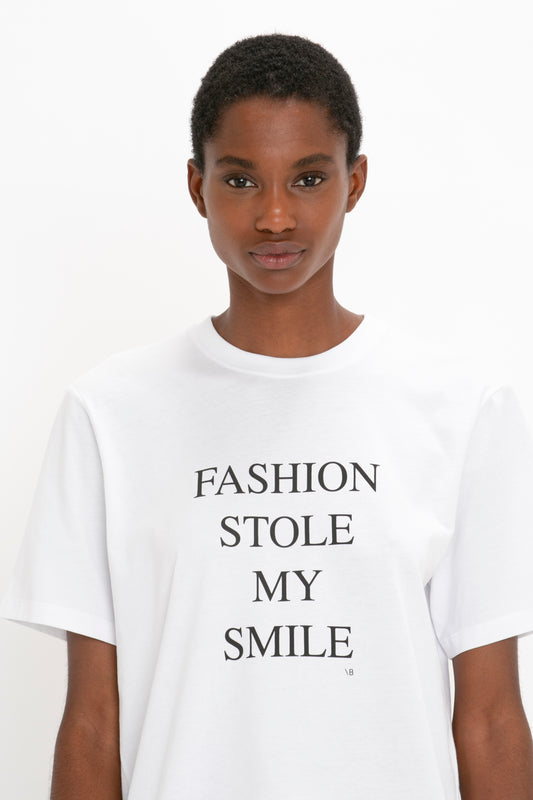 Fashion Stole My Smile Slogan T-Shirt In White