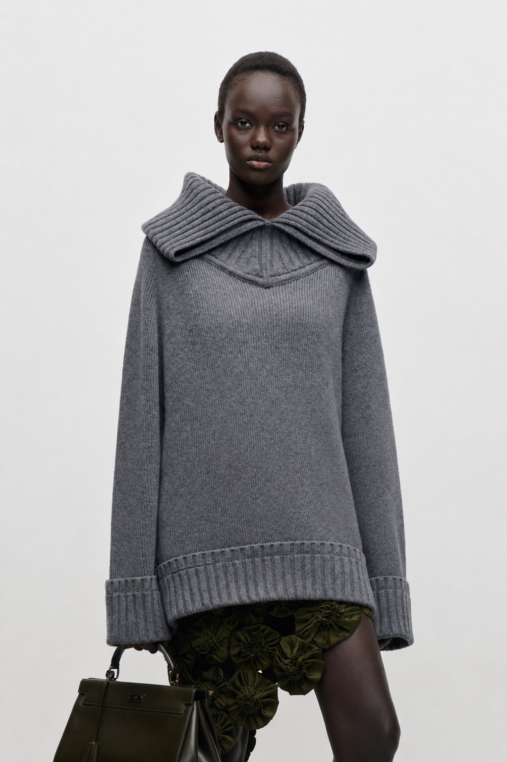 Wide Collar Jumper In Dark Grey