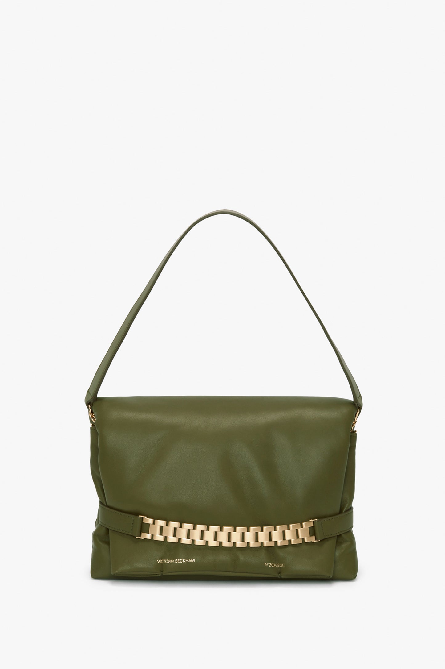 A **Puffy Chain Pouch With Strap In Khaki Leather** by **Victoria Beckham**, featuring a VB handbag style and a striking gold chain detail on the front.