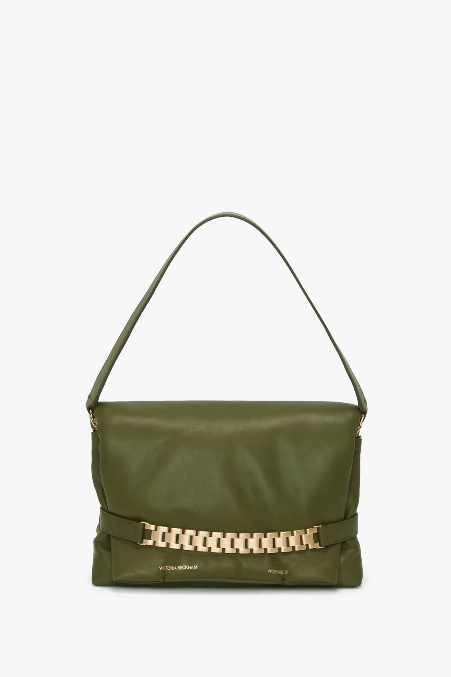 A **Puffy Chain Pouch With Strap In Khaki Leather** by **Victoria Beckham**, featuring a VB handbag style and a striking gold chain detail on the front.
