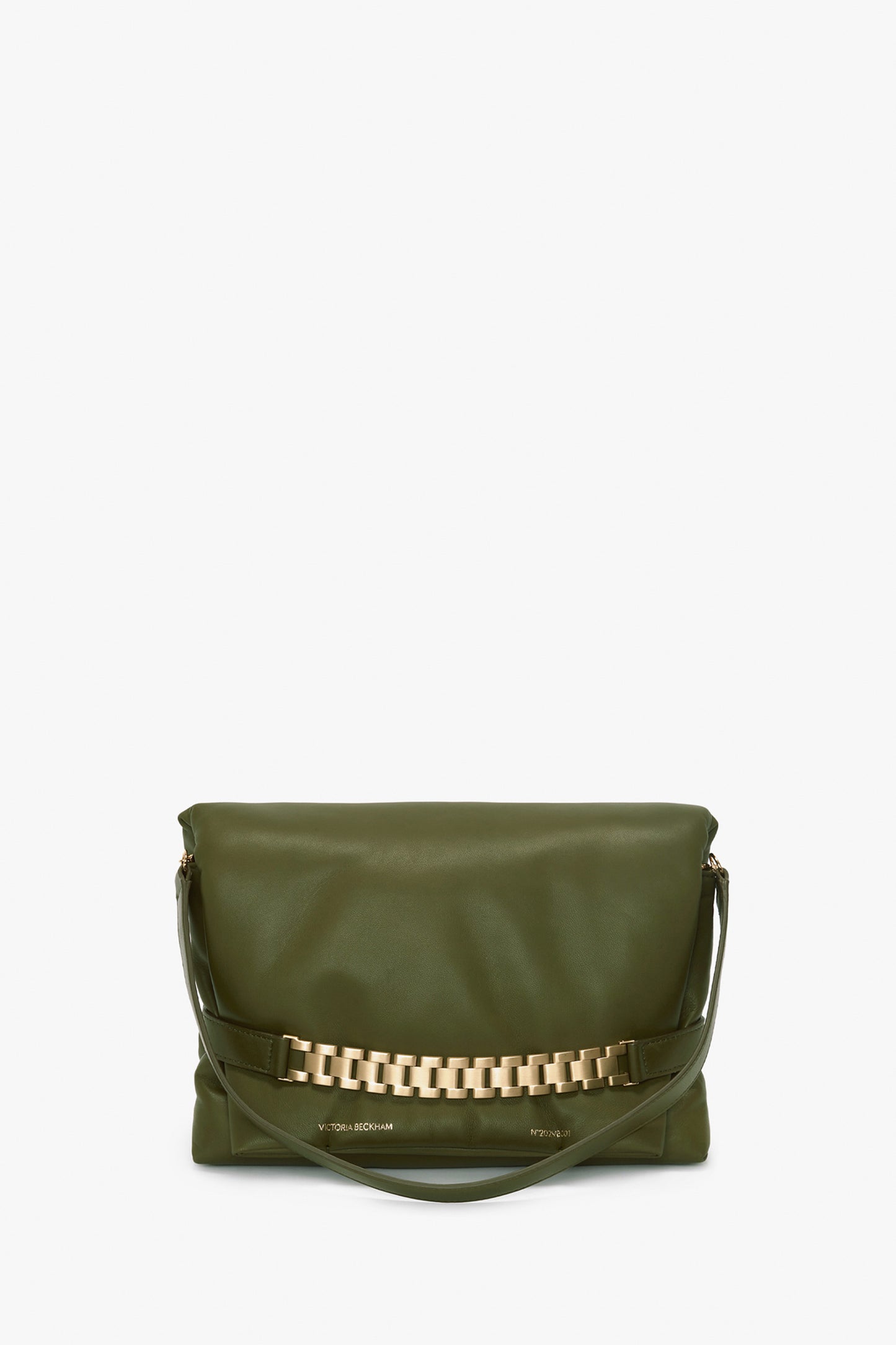 An olive green leather Victoria Beckham Puffy Chain Pouch With Strap In Khaki Leather with a gold chain detail on the front and a strap for carrying.