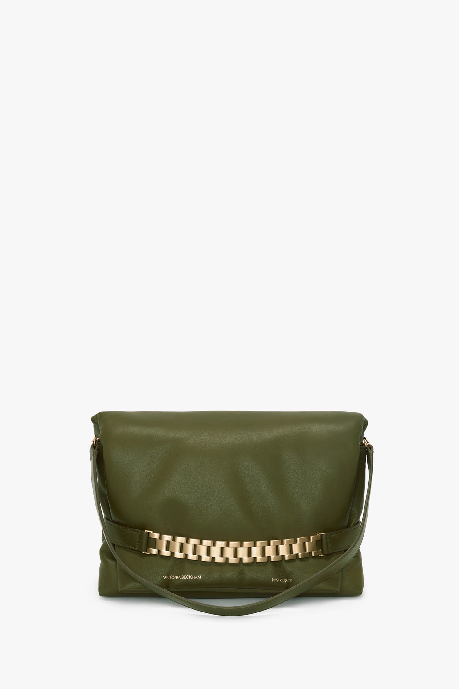 An olive green leather Victoria Beckham Puffy Chain Pouch With Strap In Khaki Leather with a gold chain detail on the front and a strap for carrying.