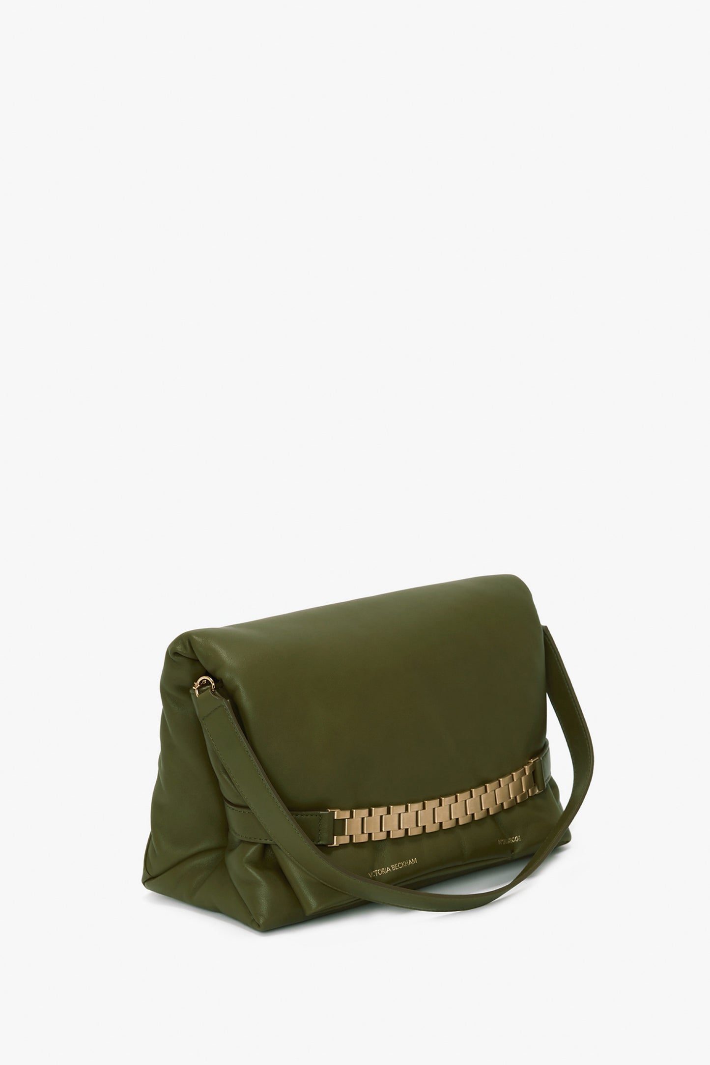 A Puffy Chain Pouch With Strap In Khaki Leather by Victoria Beckham with a gold chain detail and a shoulder strap is placed against a plain white background.