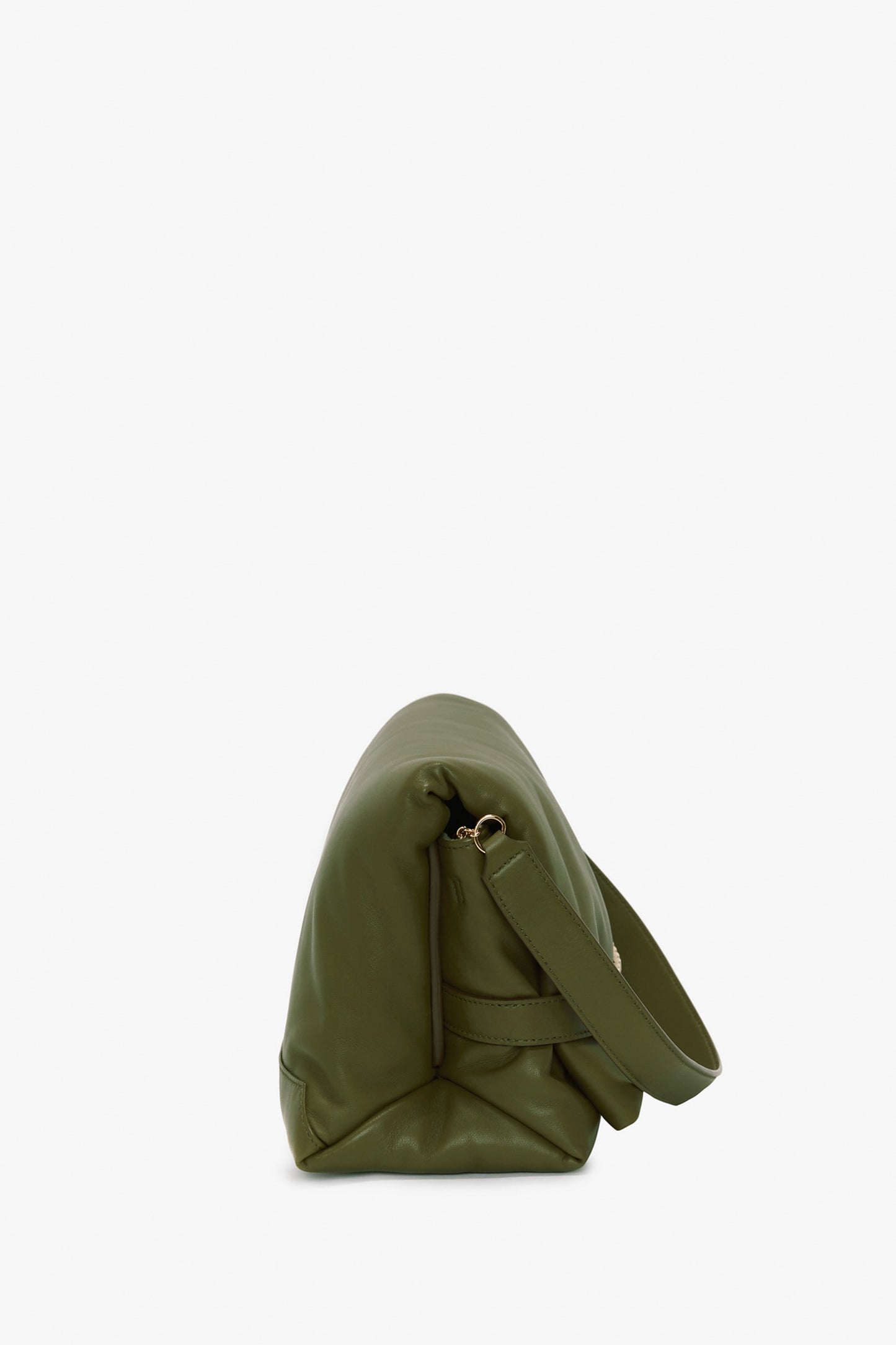 Side view of a Victoria Beckham Puffy Chain Pouch With Strap In Khaki Leather with a folded design, featuring a strap and gold chain detail, showcasing a minimalistic look against a white background.