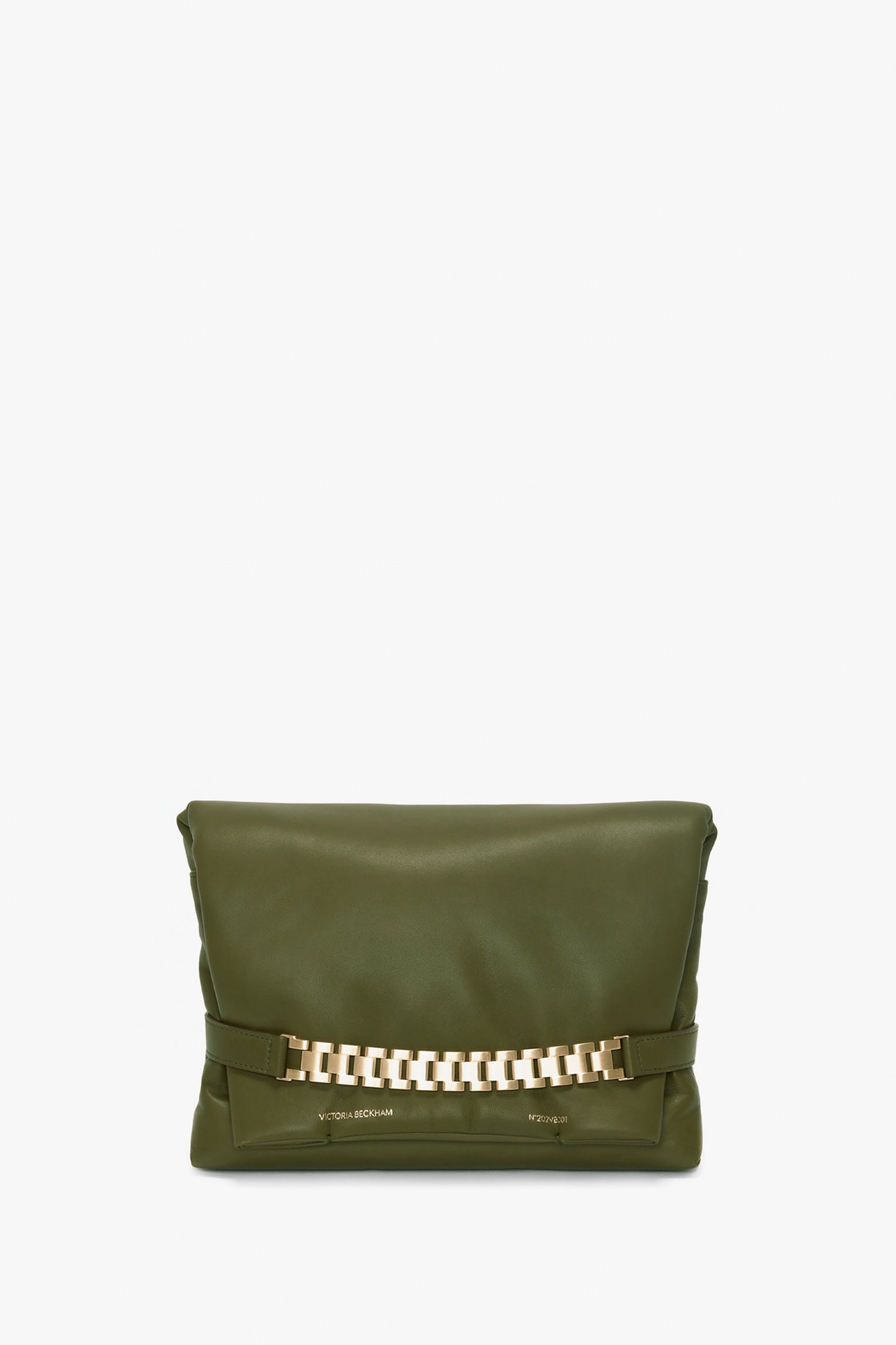 A Puffy Chain Pouch With Strap In Khaki Leather by Victoria Beckham with a gold chain detail on the front.
