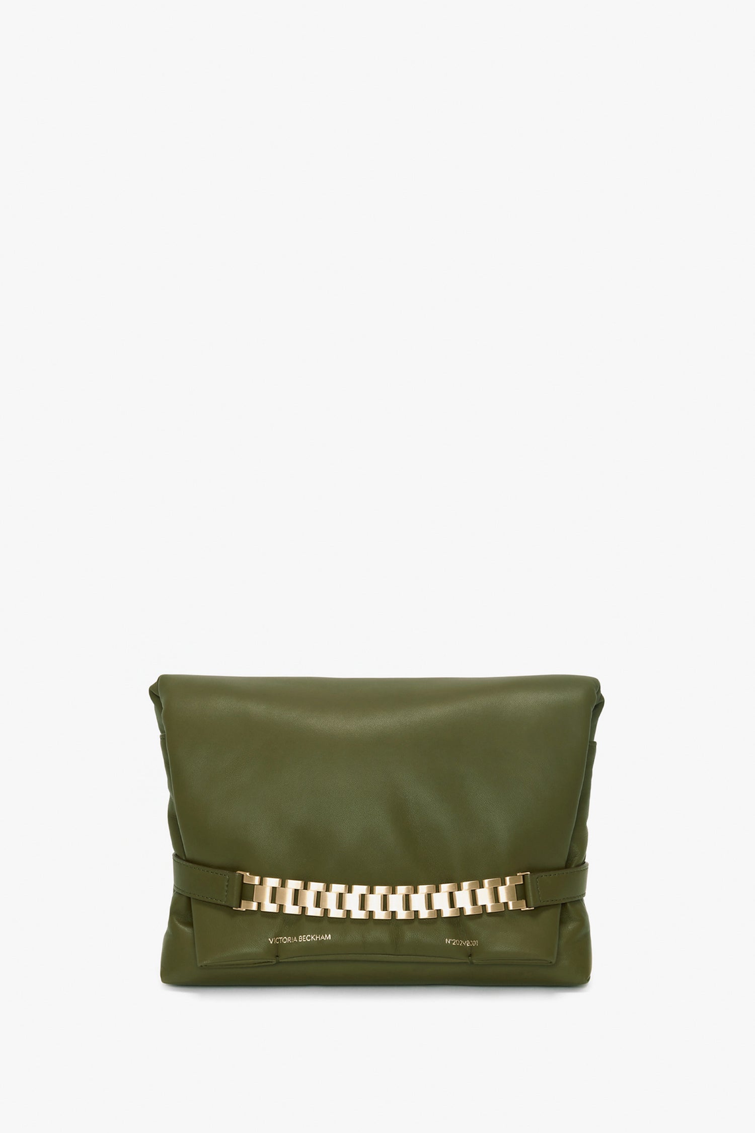 A Puffy Chain Pouch With Strap In Khaki Leather by Victoria Beckham with a gold chain detail on the front.