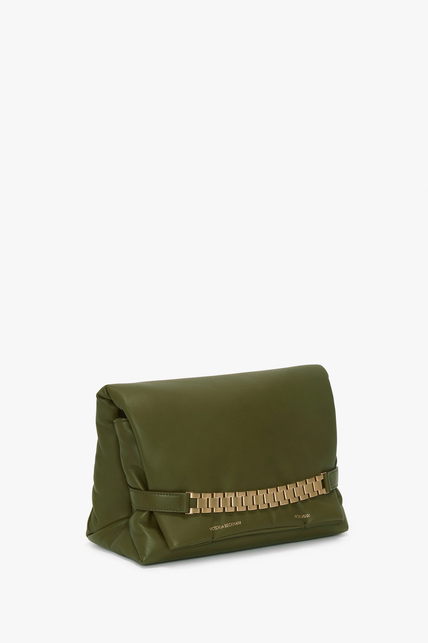 A Victoria Beckham Puffy Chain Pouch With Strap In Khaki Leather featuring a green leather exterior with a puffy chain pouch design and elegant gold chain detail on the front.