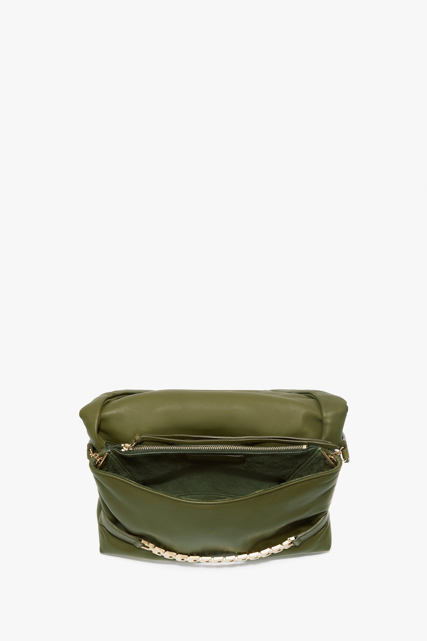 The Puffy Chain Pouch With Strap In Khaki Leather by Victoria Beckham, crafted in green leather with a distinctive gold chain detail, features an open zipper pocket and is displayed against a white background.