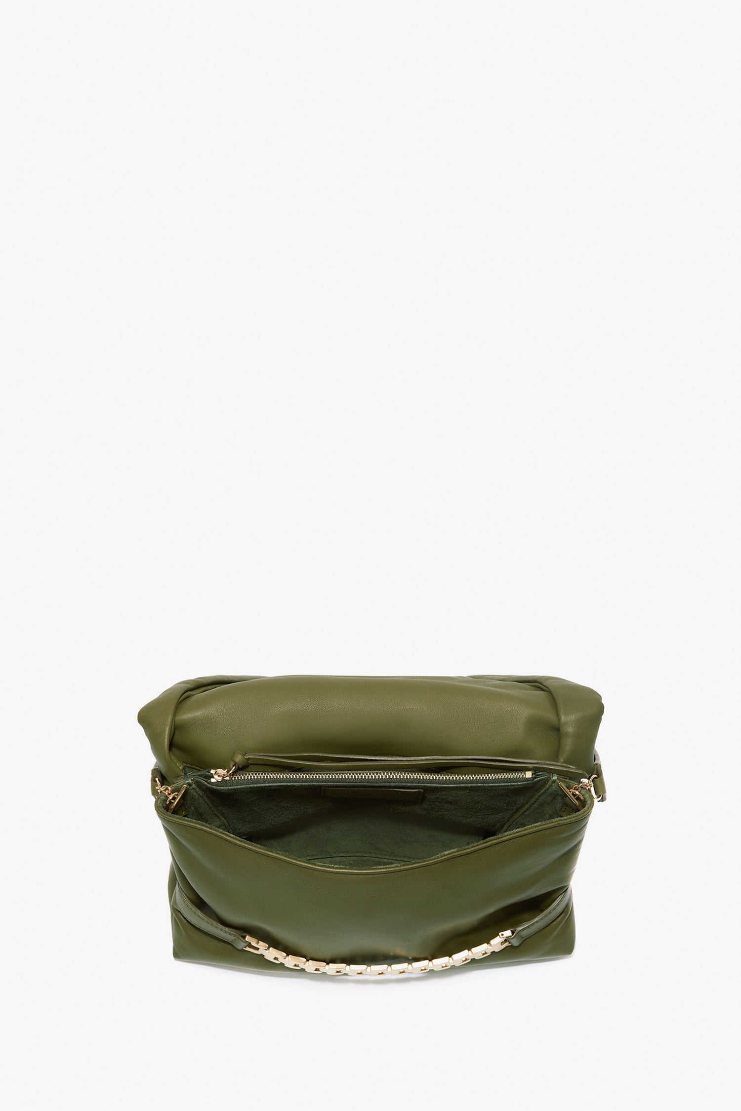 The Puffy Chain Pouch With Strap In Khaki Leather by Victoria Beckham, crafted in green leather with a distinctive gold chain detail, features an open zipper pocket and is displayed against a white background.
