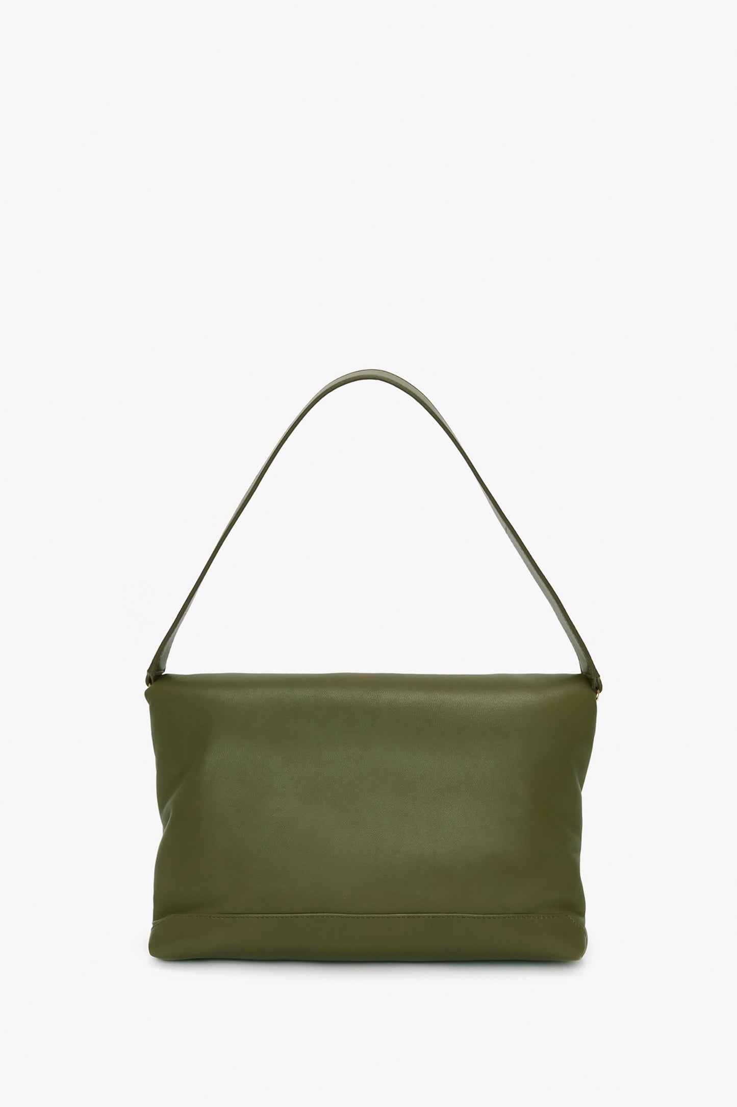 Olive green rectangular Puffy Chain Pouch With Strap In Khaki Leather by Victoria Beckham, isolated on a white background.