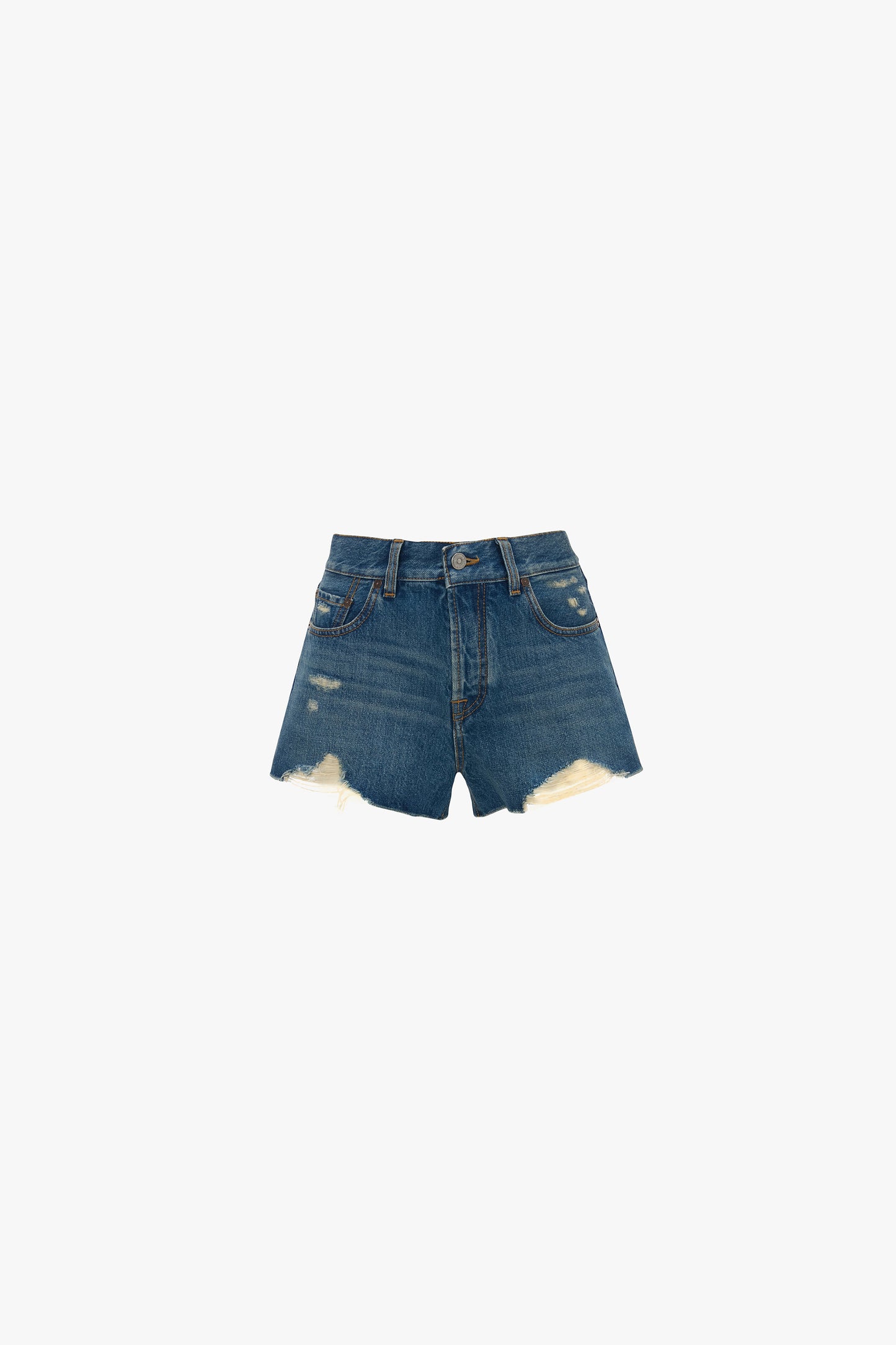 Distressed Shorts In Mid Blue Wash