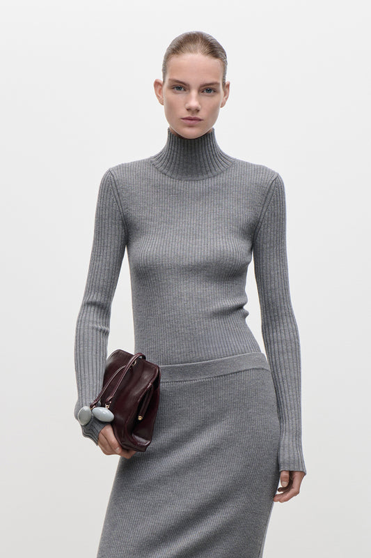 High Neck Jumper In Grey Melange