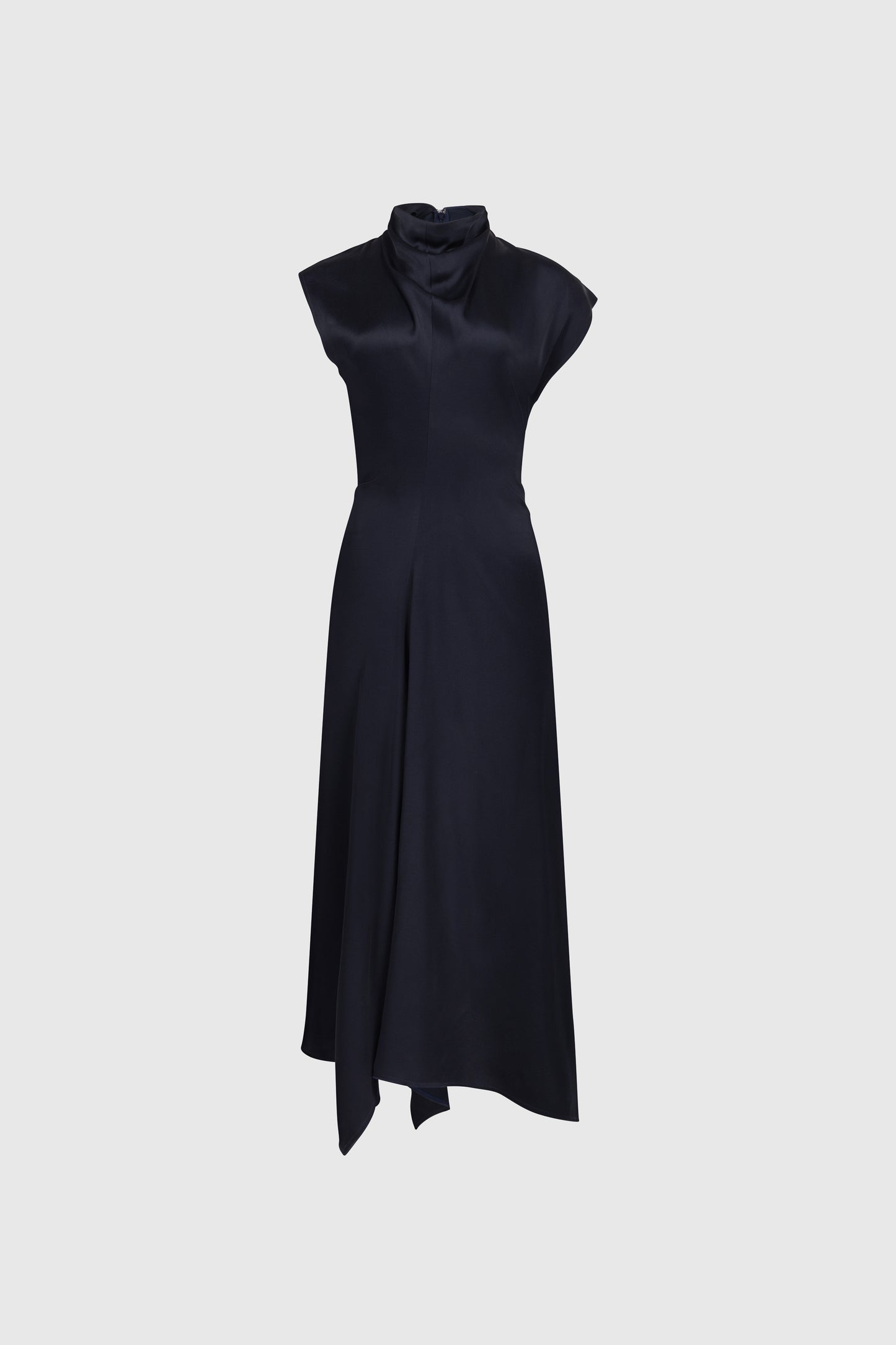 High Neck Draped Midi Dress In Dark Navy