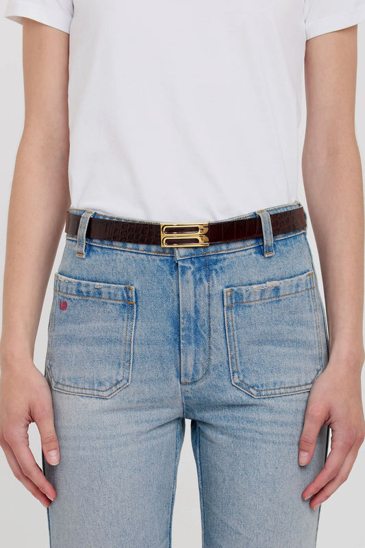 Dorian Belt In Dark Brown Croc Embossed Leather
