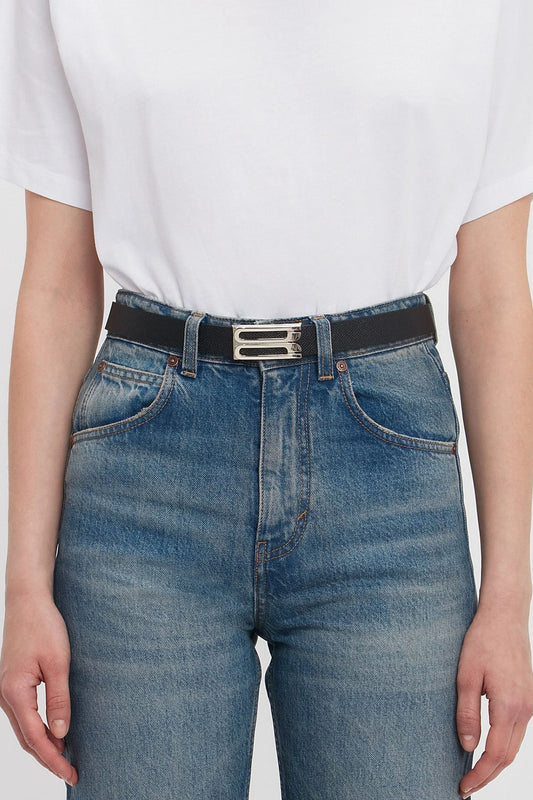 Silver Buckle Dorian Belt In Black Grained Leather